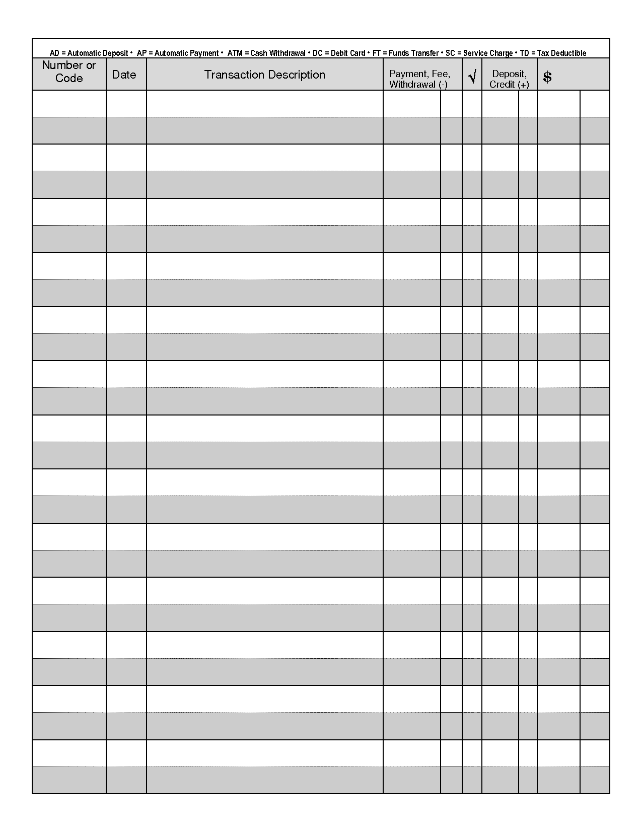 Free Printable Full Sheet Check Register