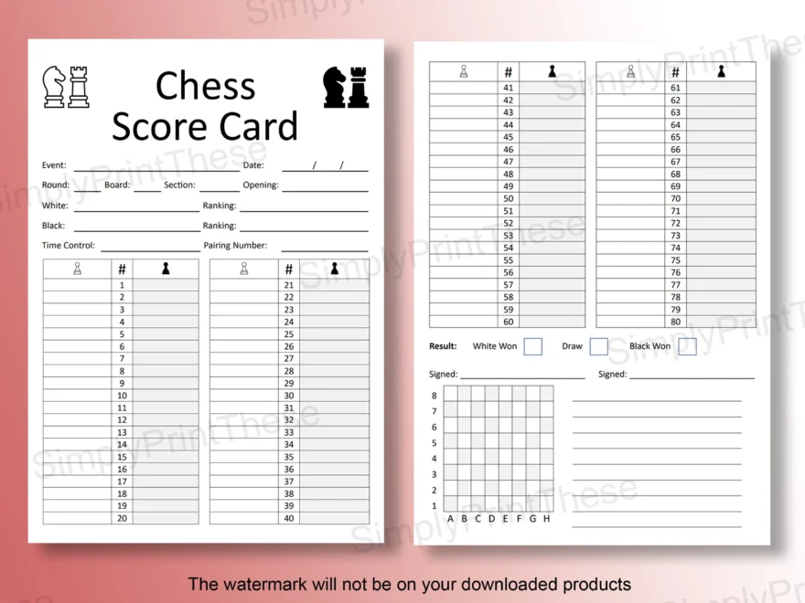 Printable Chess Score Sheets Tournament Game Notation digital Download Etsy