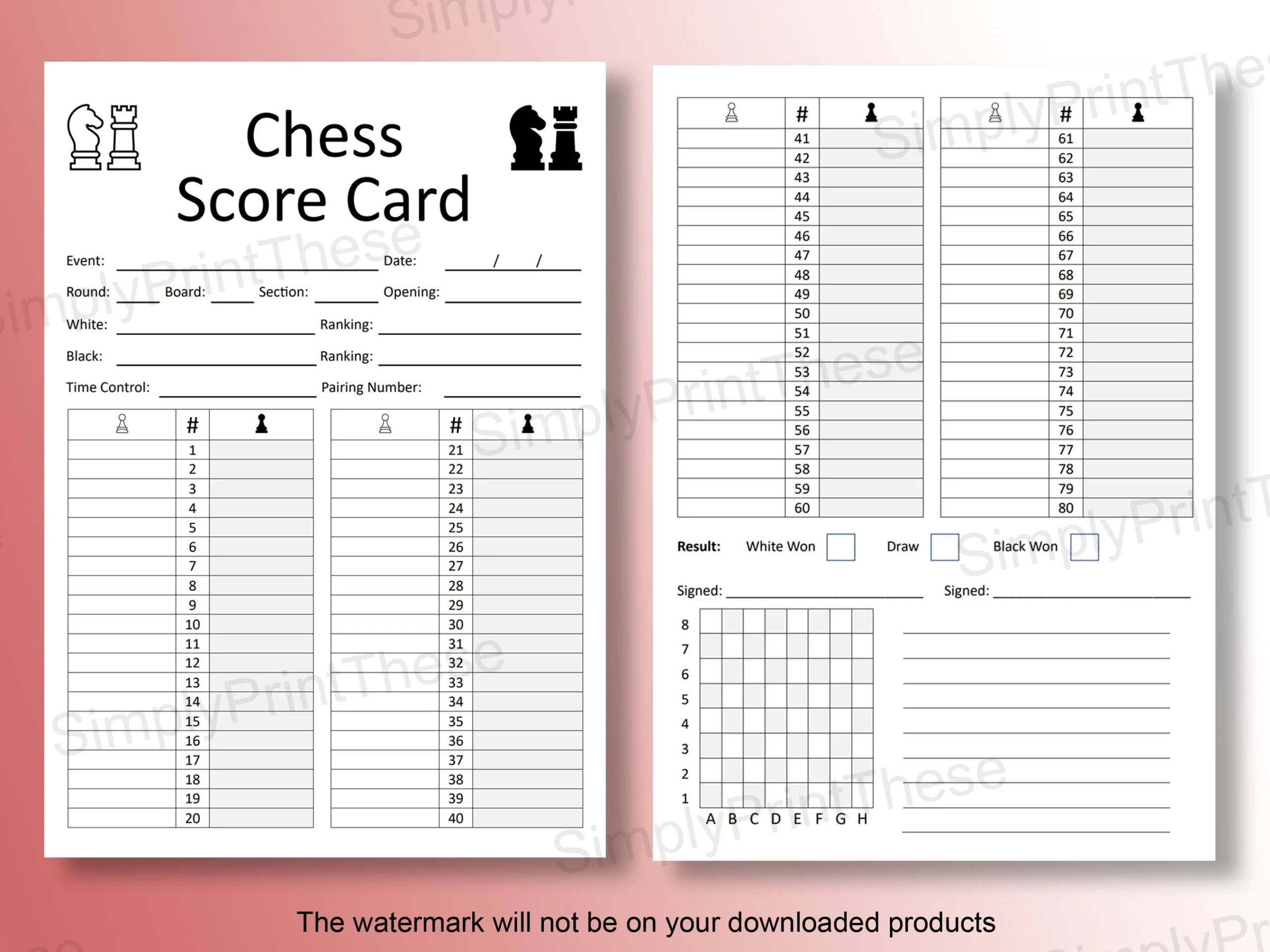 Printable Chess Score Sheets Tournament Game Notation digital Download Etsy