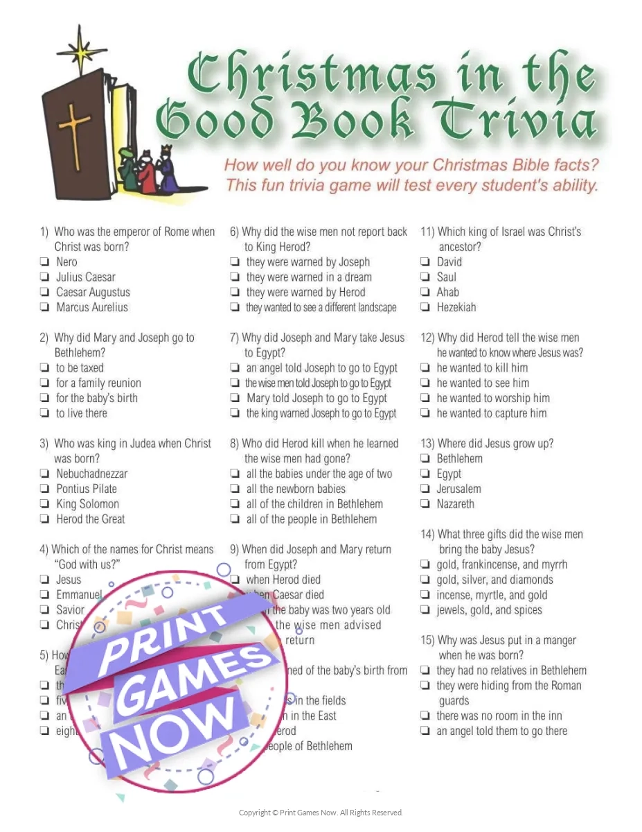 Printable Christmas Bible Trivia Party Game Print Games Now