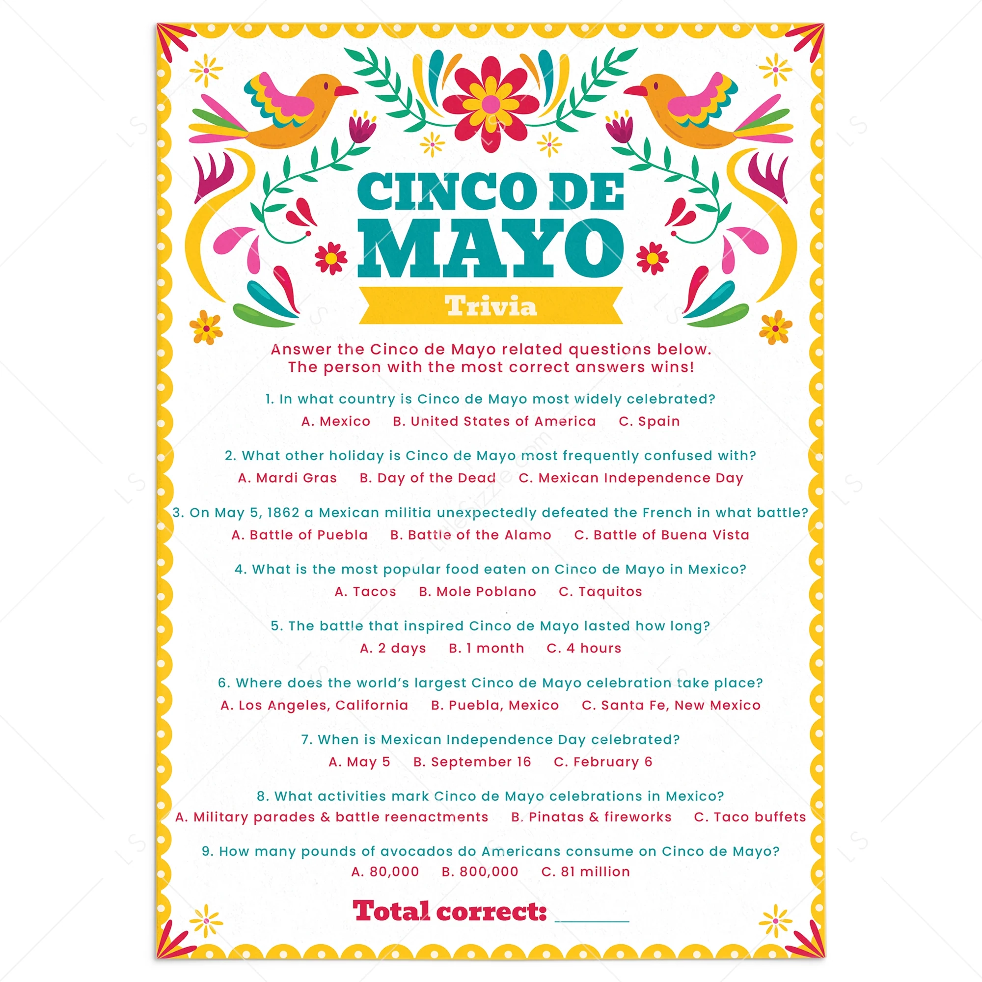 Printable Cinco De Mayo Trivia Game With Answer Key LittleSizzle