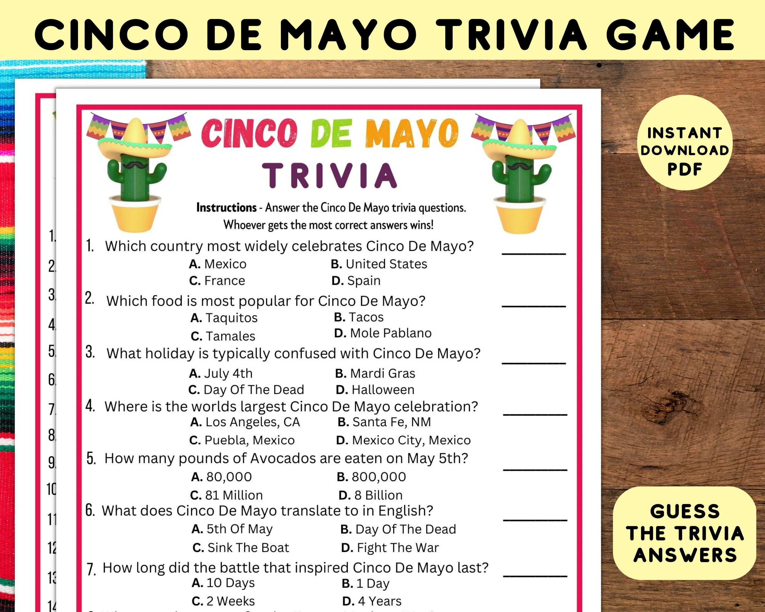 Printable Cinco De Mayo Trivia Party Game Instant Download Classroom Work May 5th Party Trivia Quiz Idea Activity For Adults Or Kids Etsy