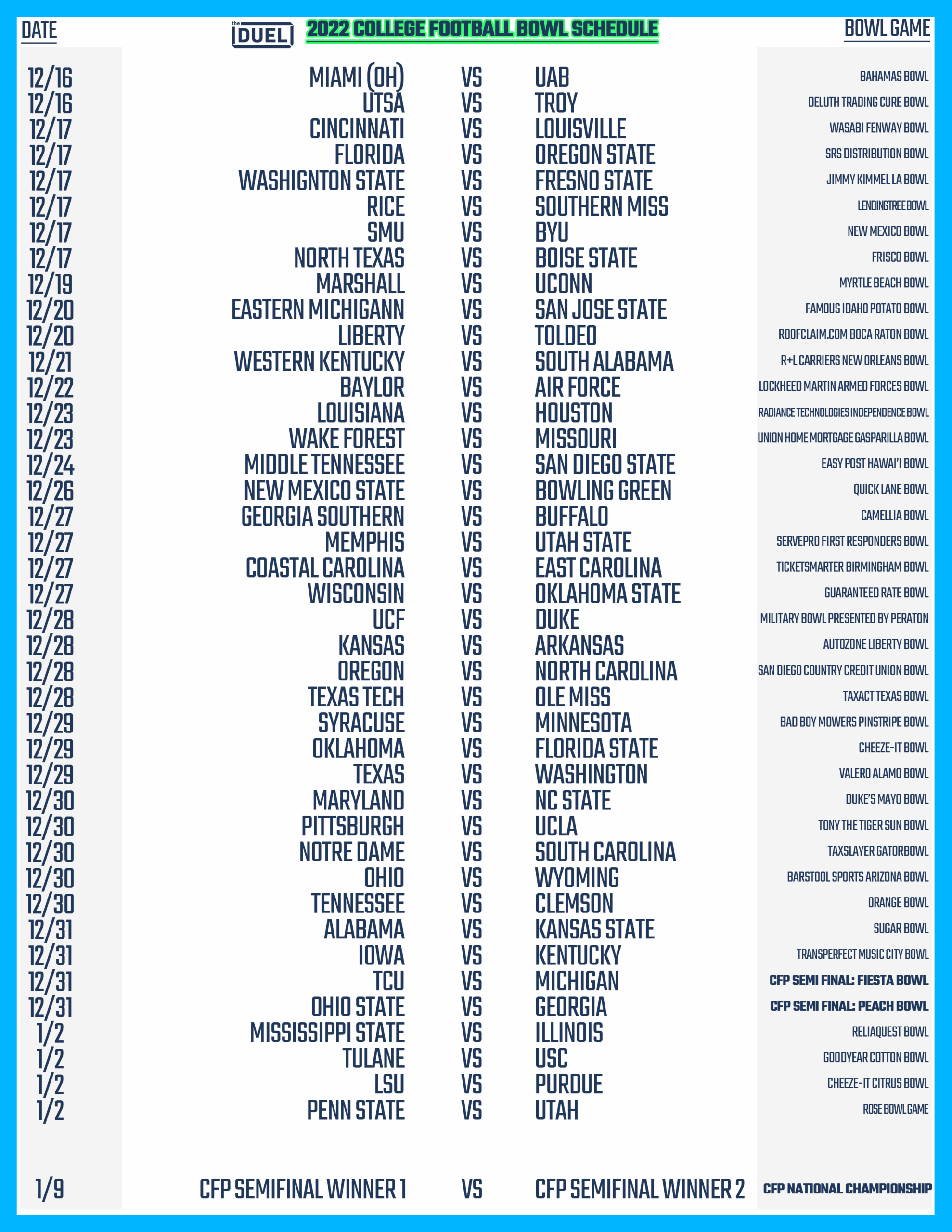 Printable College Football Bowl Schedule 2022 23 FanDuel Research