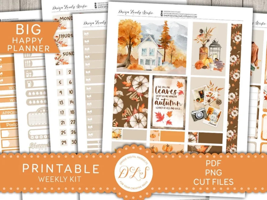 Printable FALL Planner Stickers Big Happy Planner Stickers Autumn Planner Kit October Planner Stickers Weekly Planner Stickers BW175 Etsy