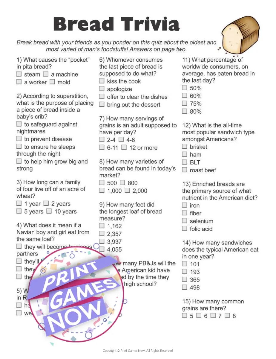 Printable Food Drinks Bread Trivia Party Game Print Games Now
