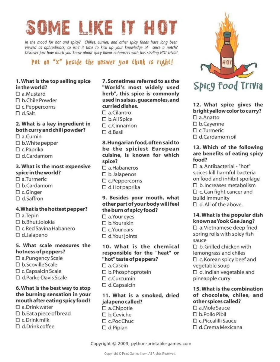 Printable Food And Drink Quizzes