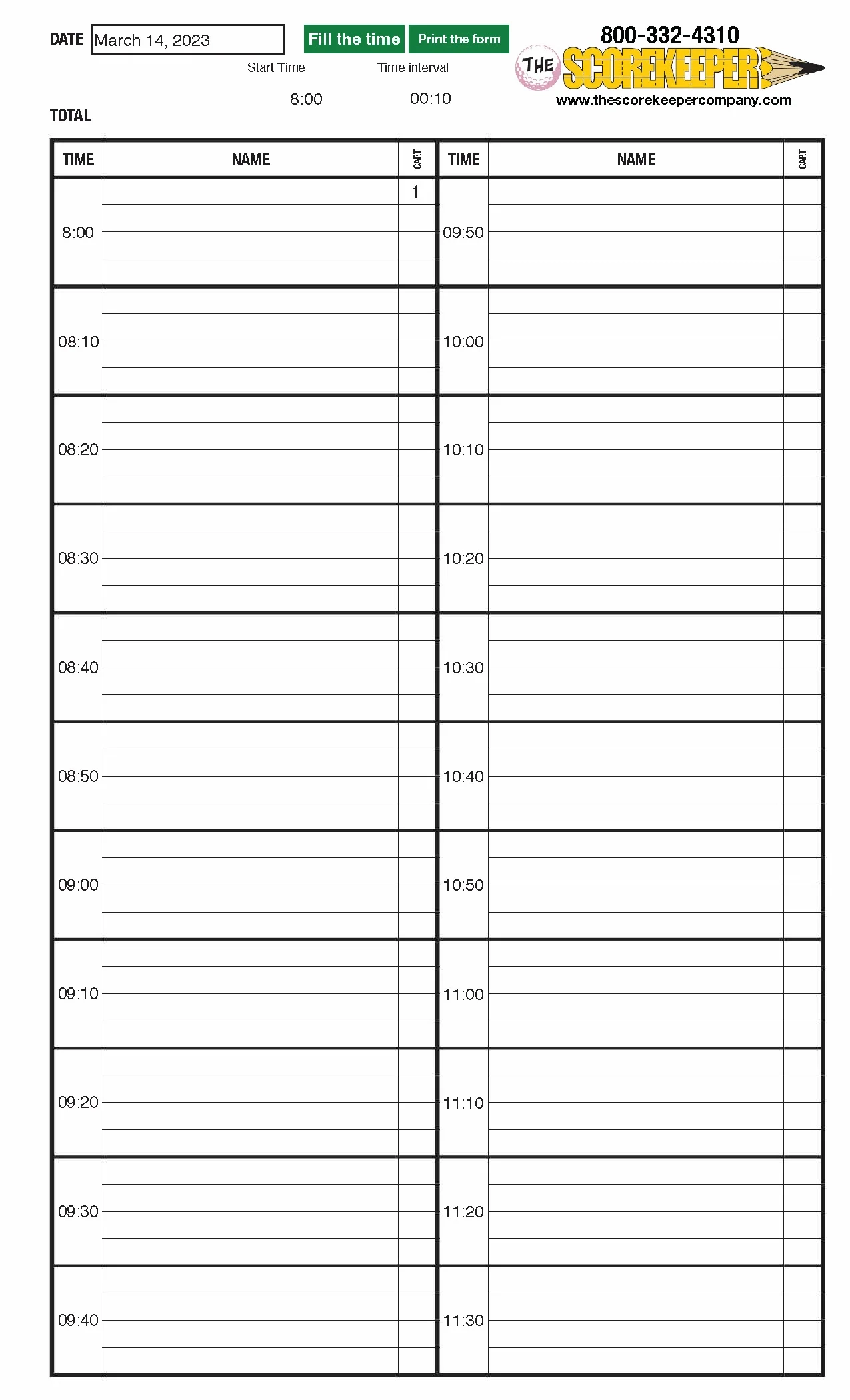 Printable Golf Tee Time Sheets Template Free Download