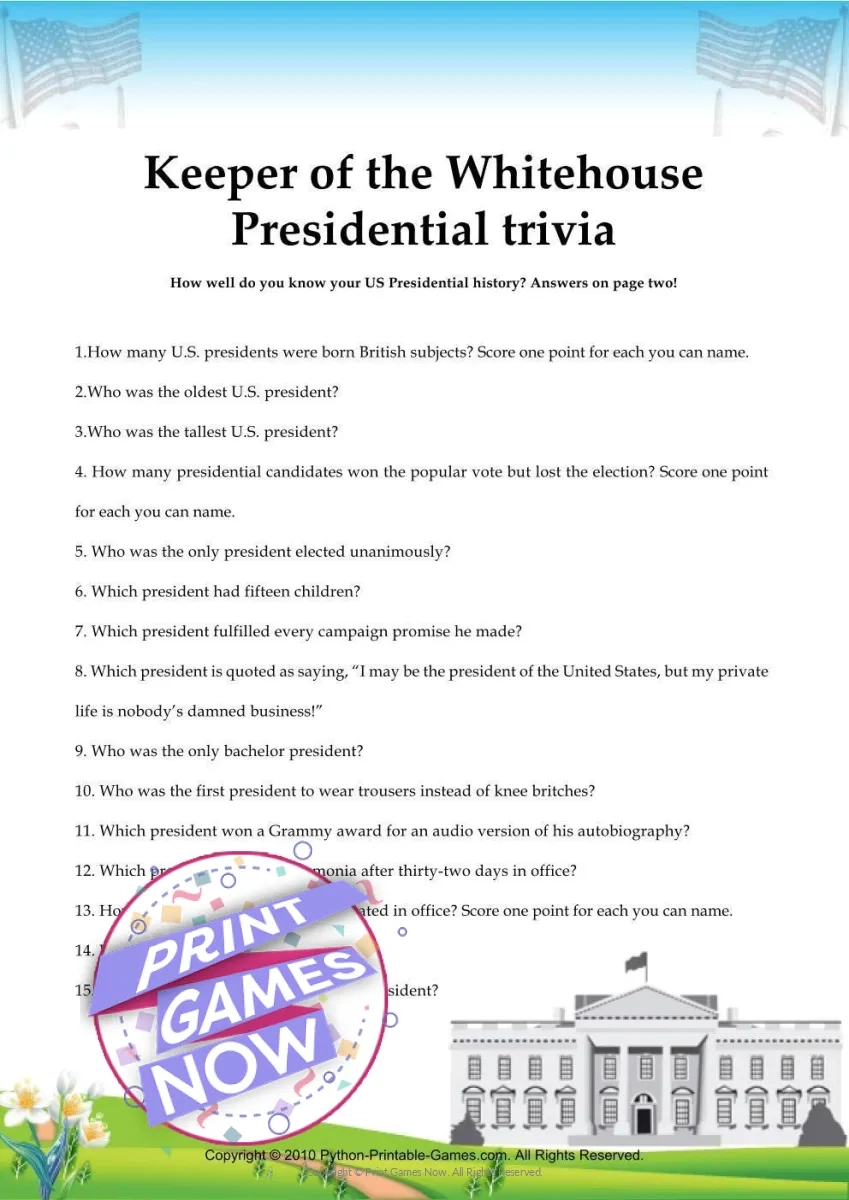 Printable Independence Day Presidential Trivia Party Game Print Games Now Printable Independence Day Presidential Trivia Party Game Print Games Now