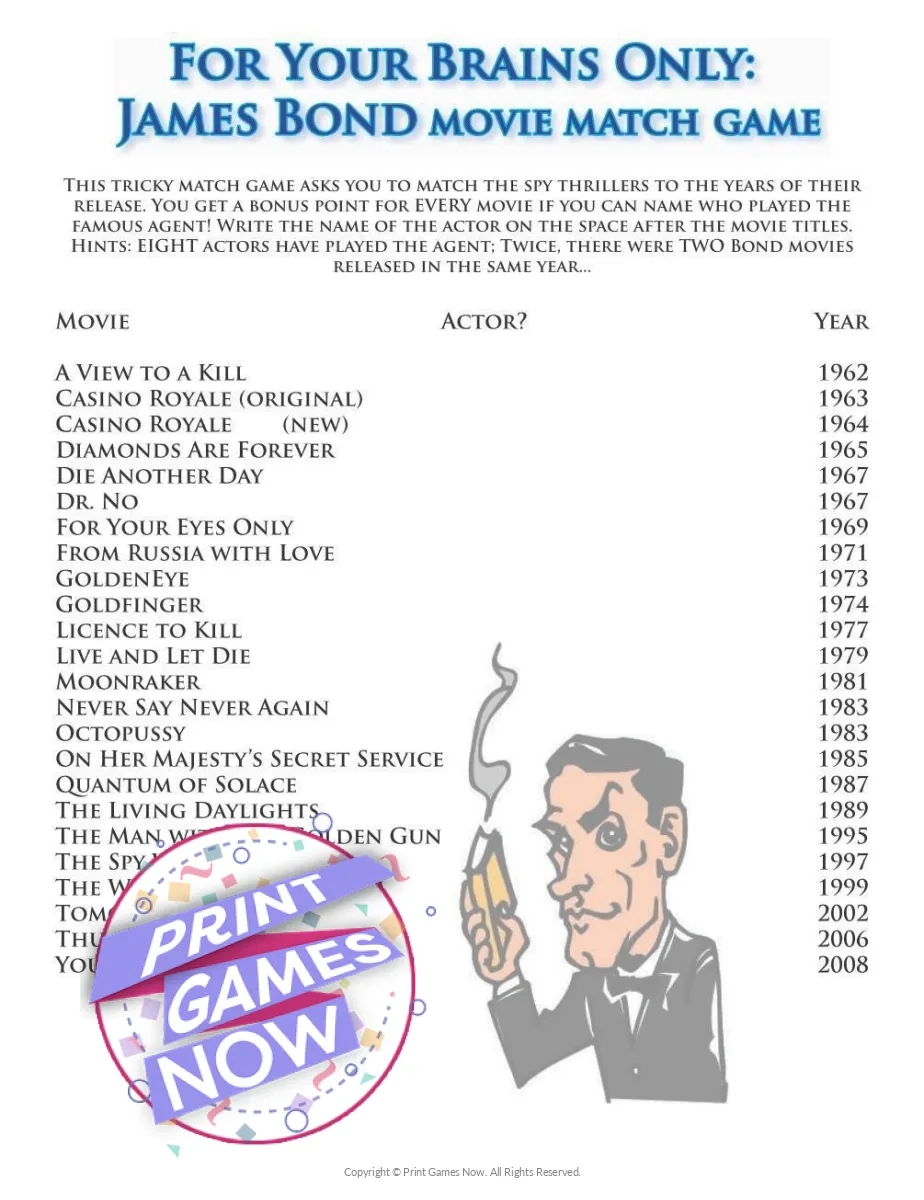 Printable James Bond Movies Party Game Print Games Now