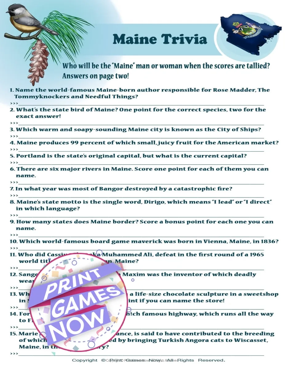 Printable Maine Party Trivia Game Print Games Now