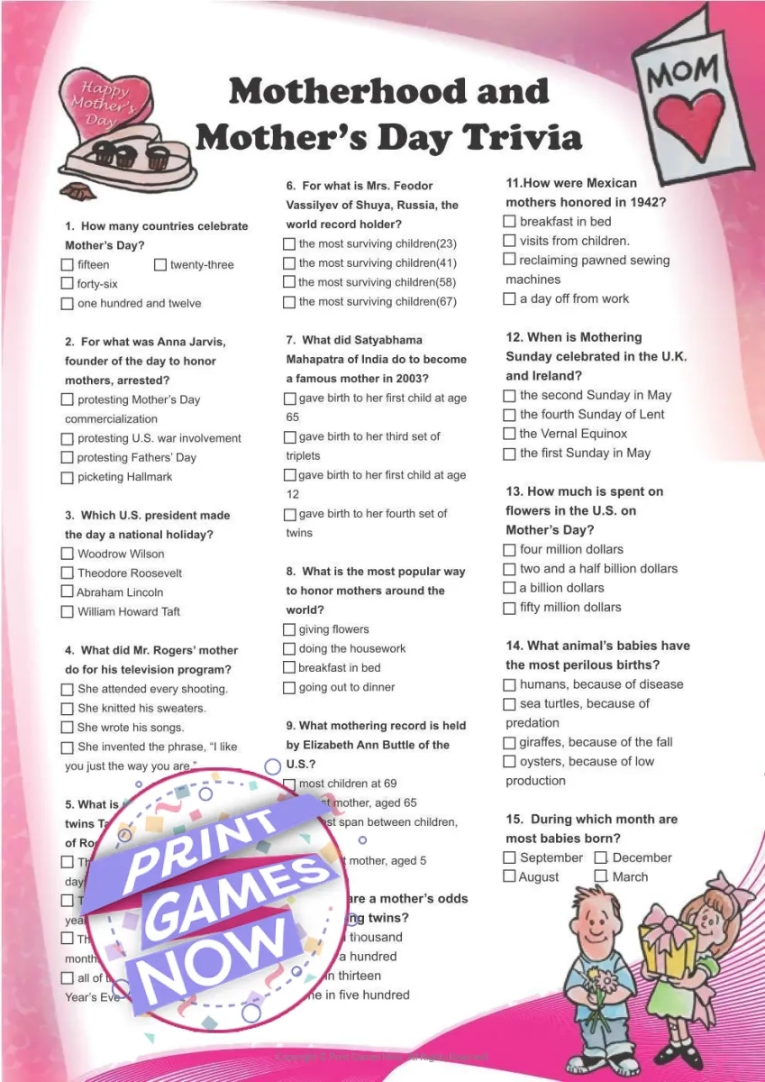 Mothers Day Trivia Printable