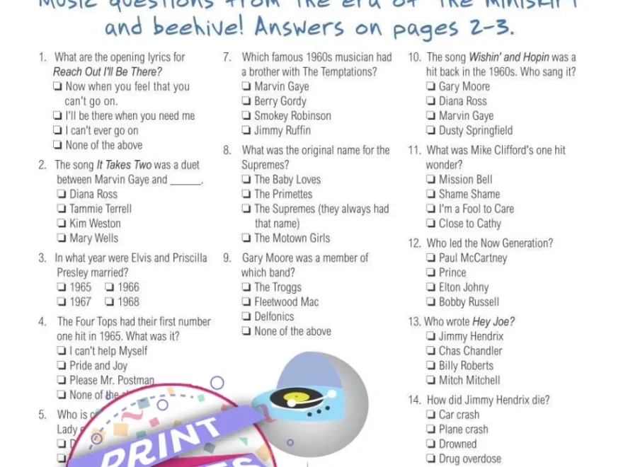 Printable Music Of 1960 Trivia Party Game Print Games Now