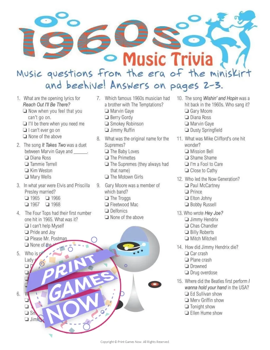 Printable Music Of 1960 Trivia Party Game Print Games Now