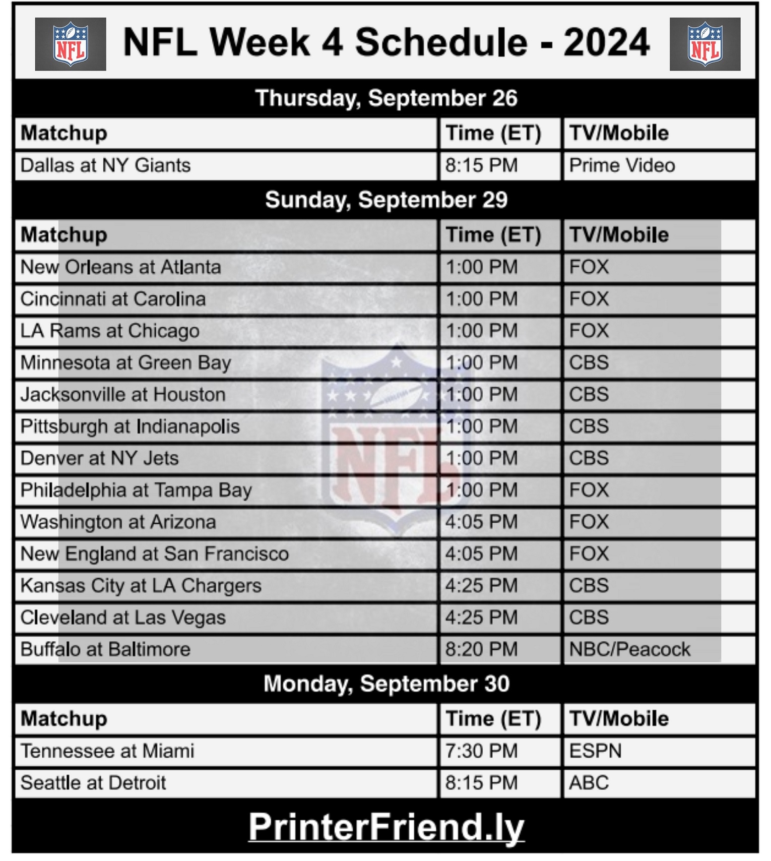 Printable NFL Week 4 Schedule 2024 Archives Printerfriendly Printable NFL Week 4 Schedule 2024 Archives Printerfriendly