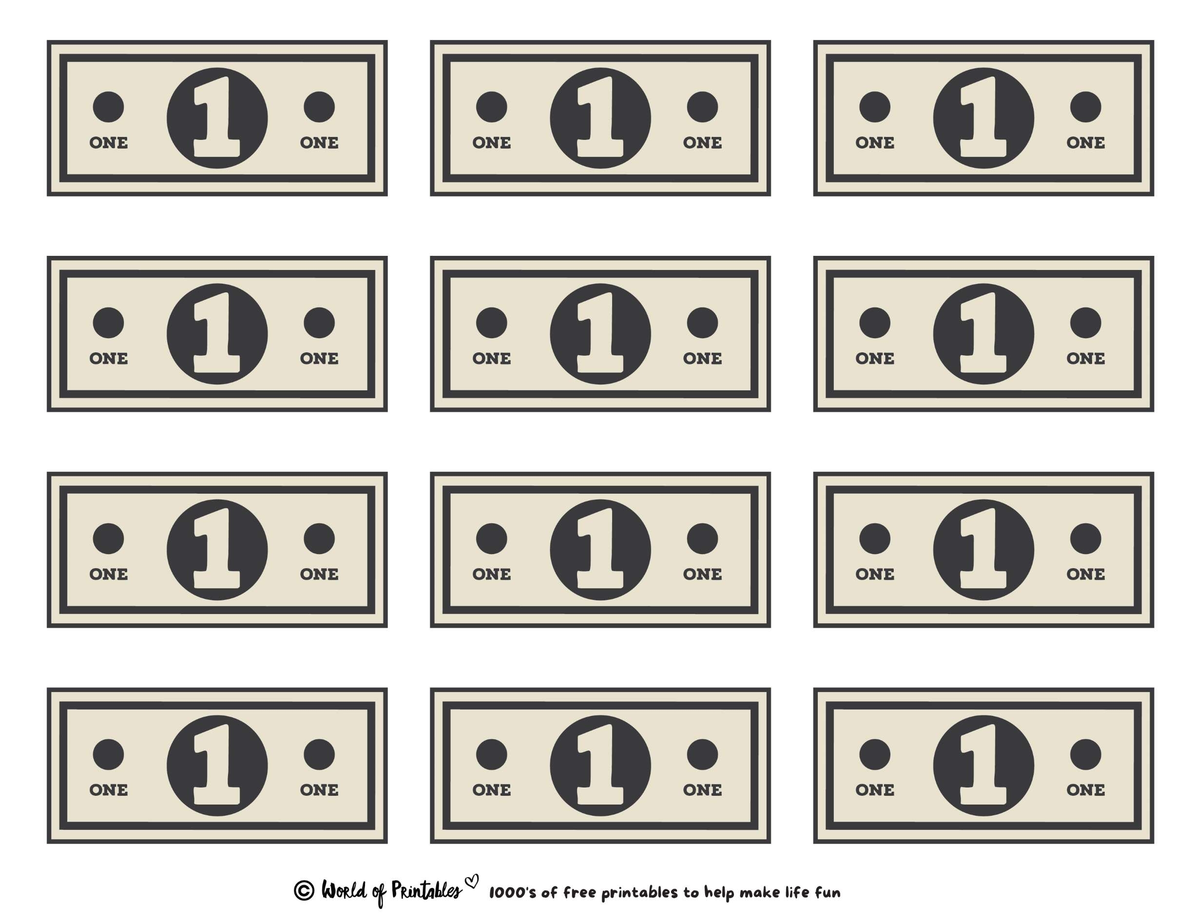 Printable Play $1 Money Sheets