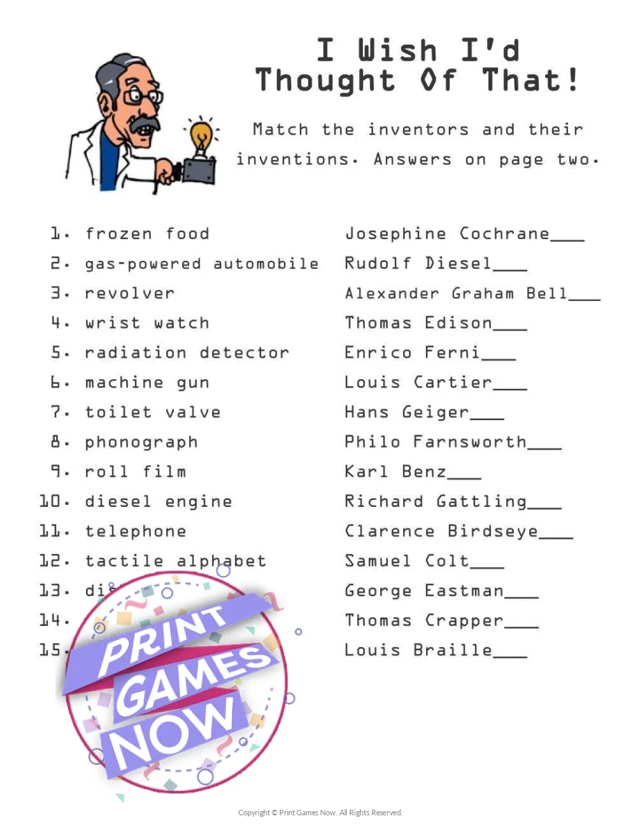 Printable Pop Culture Inventor Name Trivia Party Game Print Games Now Printable Pop Culture Inventor Name Trivia Party Game Print Games Now
