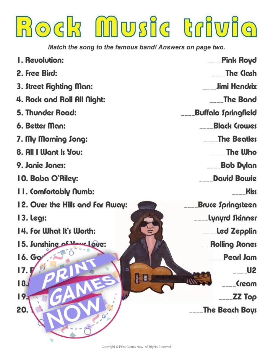 Printable Pop Culture Rock Music Trivia Party Game Print Games Now