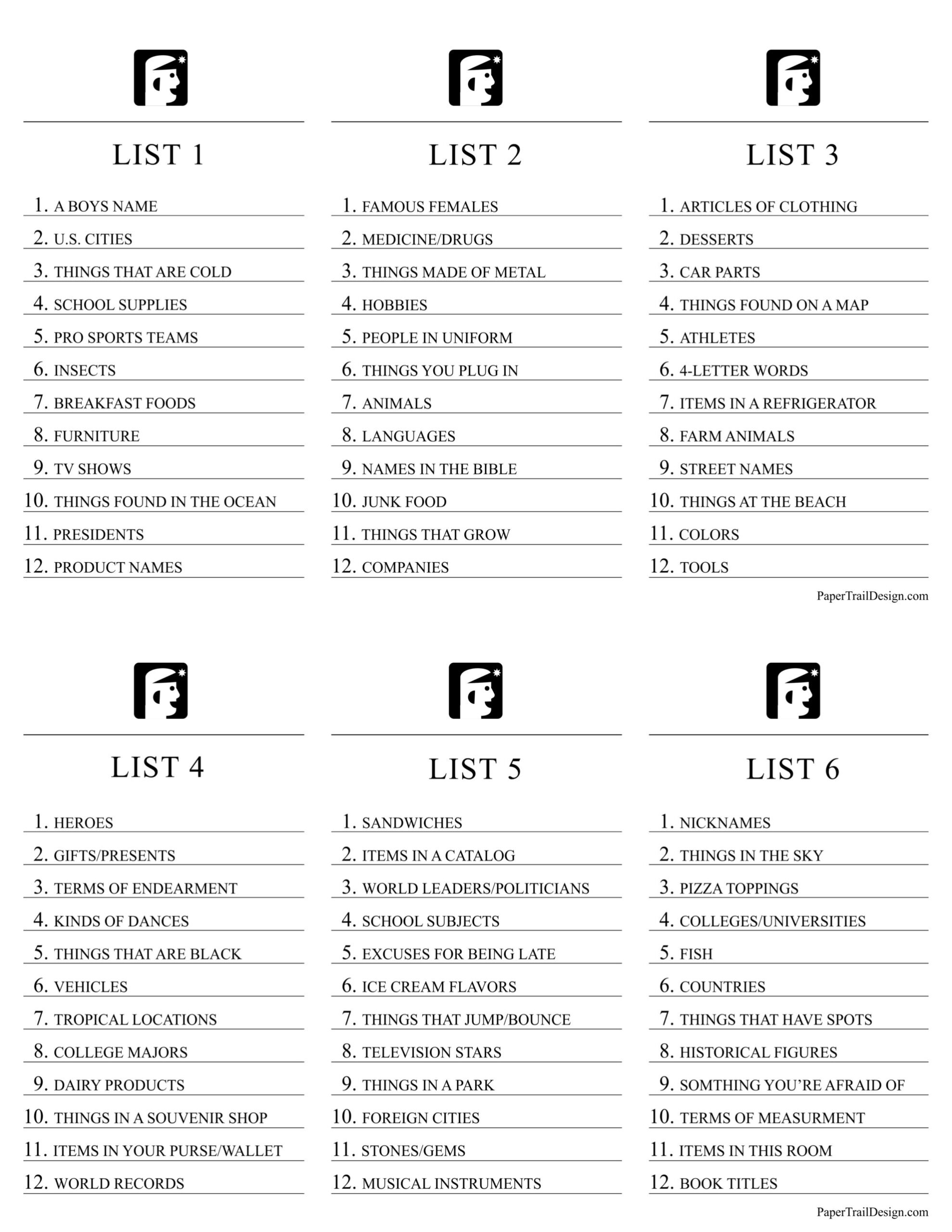 Free Printable Scattergories Answer Sheets