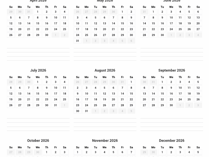 Printable Yearly Calendar 2026 Full Year At A Glance Custom Calendar Maker