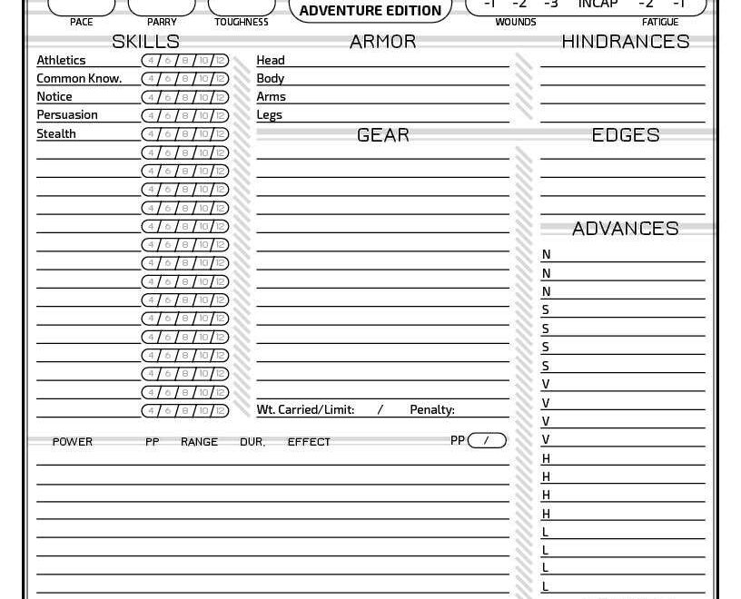 Printer Friendly SWADE Character Sheet Demonskunk Studios DriveThruRPG