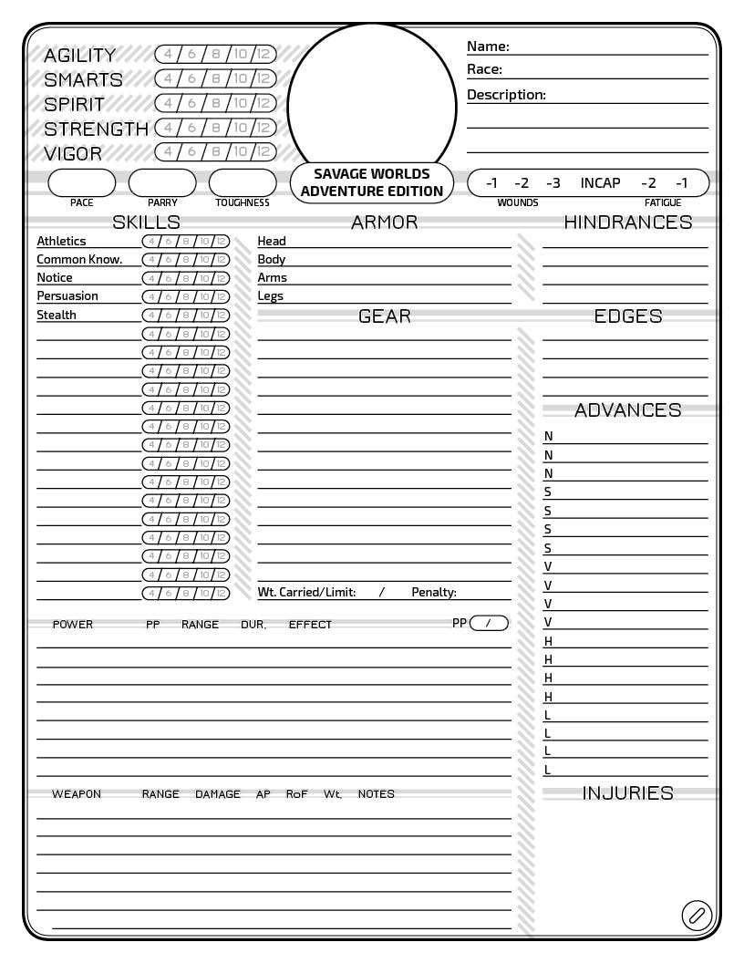 Printer Friendly SWADE Character Sheet Demonskunk Studios DriveThruRPG