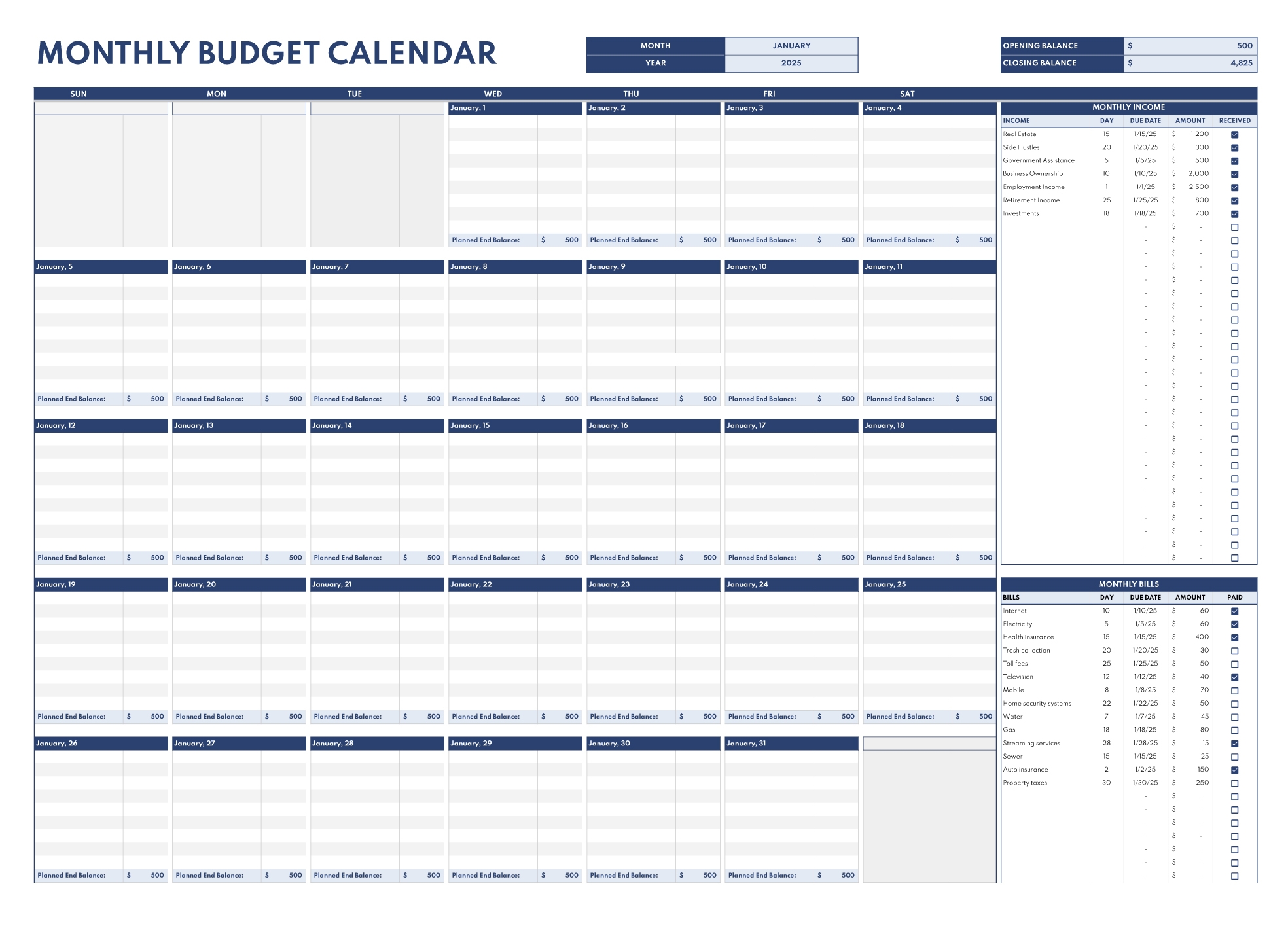 Printable Calendar Budget Planner
