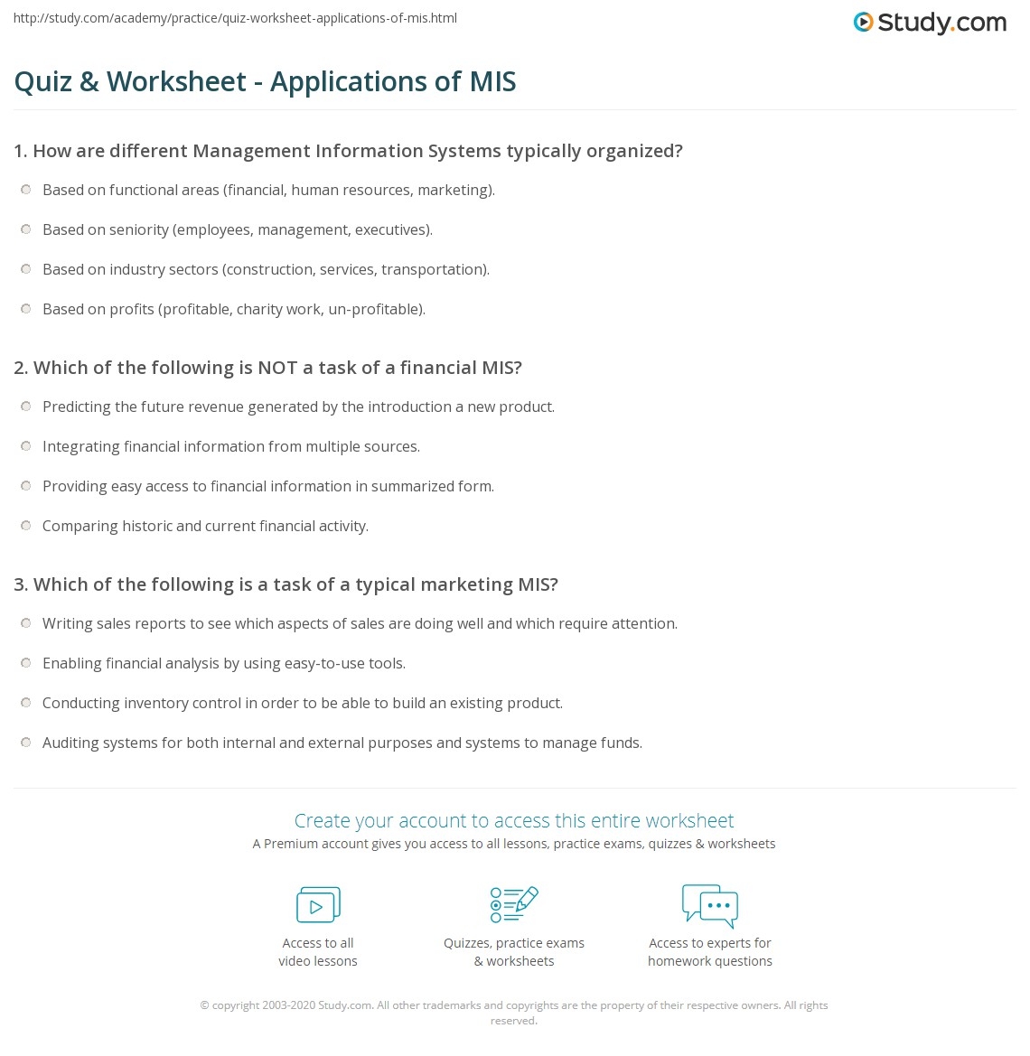 Quiz Worksheet Applications Of MIS Study