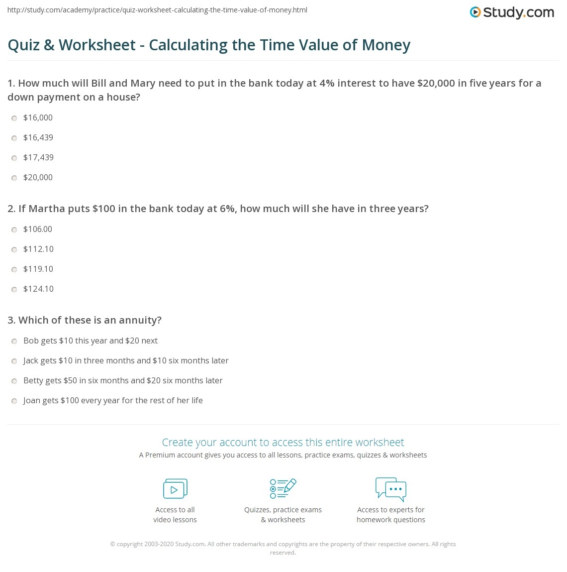 Quiz Worksheet Calculating The Time Value Of Money Study