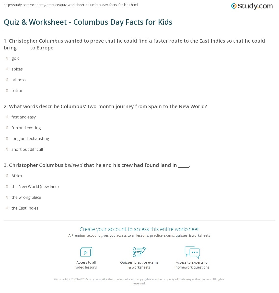 Quiz Worksheet Columbus Day Facts For Kids Study Quiz Worksheet Columbus Day Facts For Kids Study