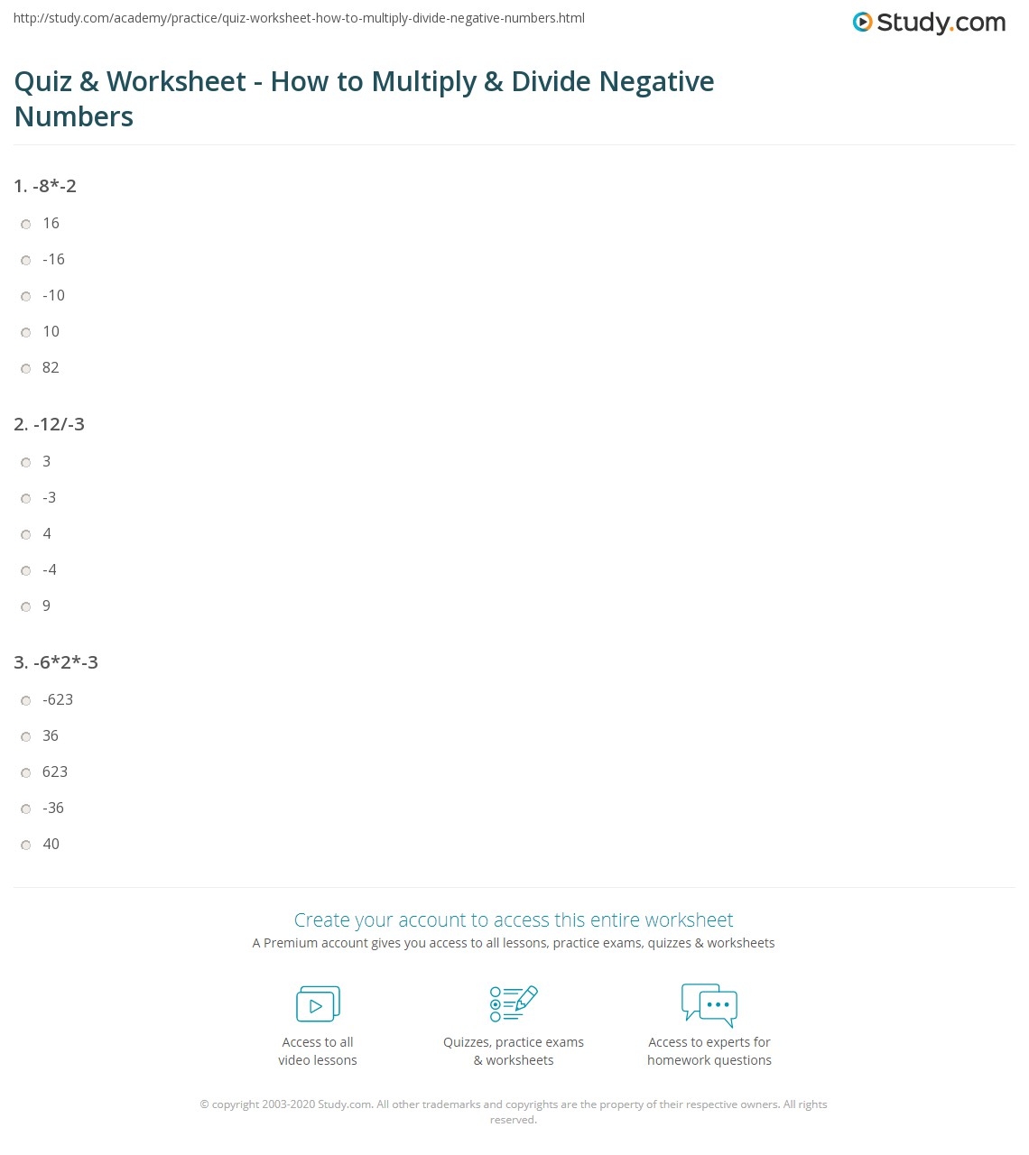 Multiplying Negative Numbers Quiz Printable