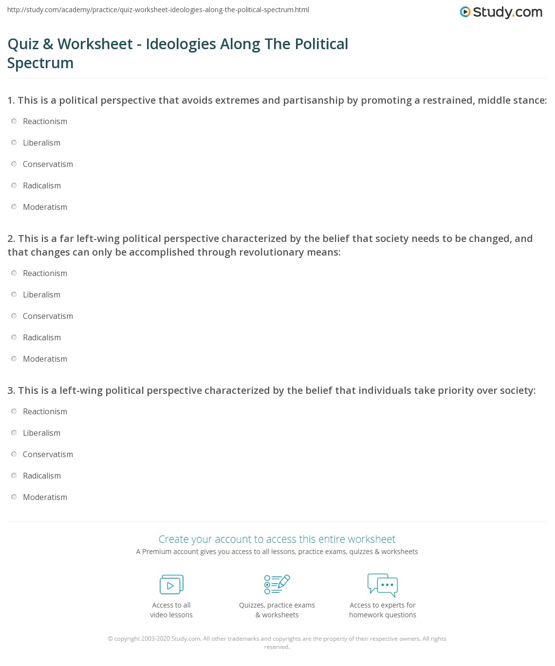 Quiz Worksheet Ideologies Along The Political Spectrum Study