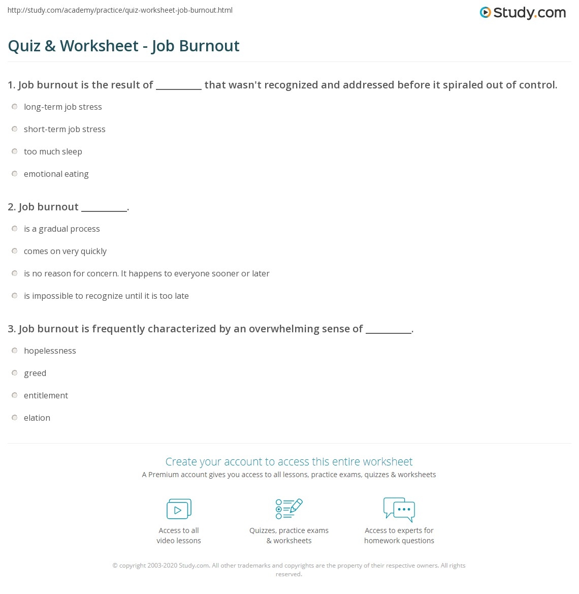 Quiz Worksheet Job Burnout Study