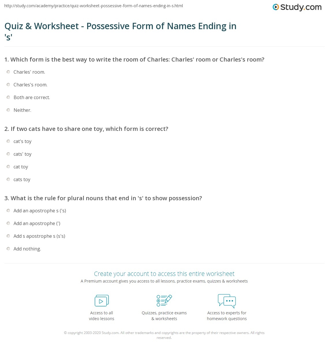 Quiz Worksheet Possessive Form Of Names Ending In s Study