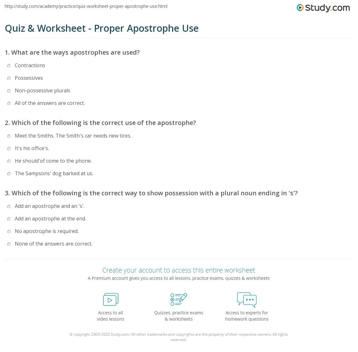 Quiz Worksheet Proper Apostrophe Use Study