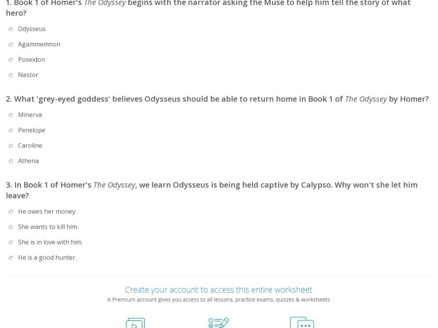 Quiz Worksheet Questions On The Odyssey Book 1 Study