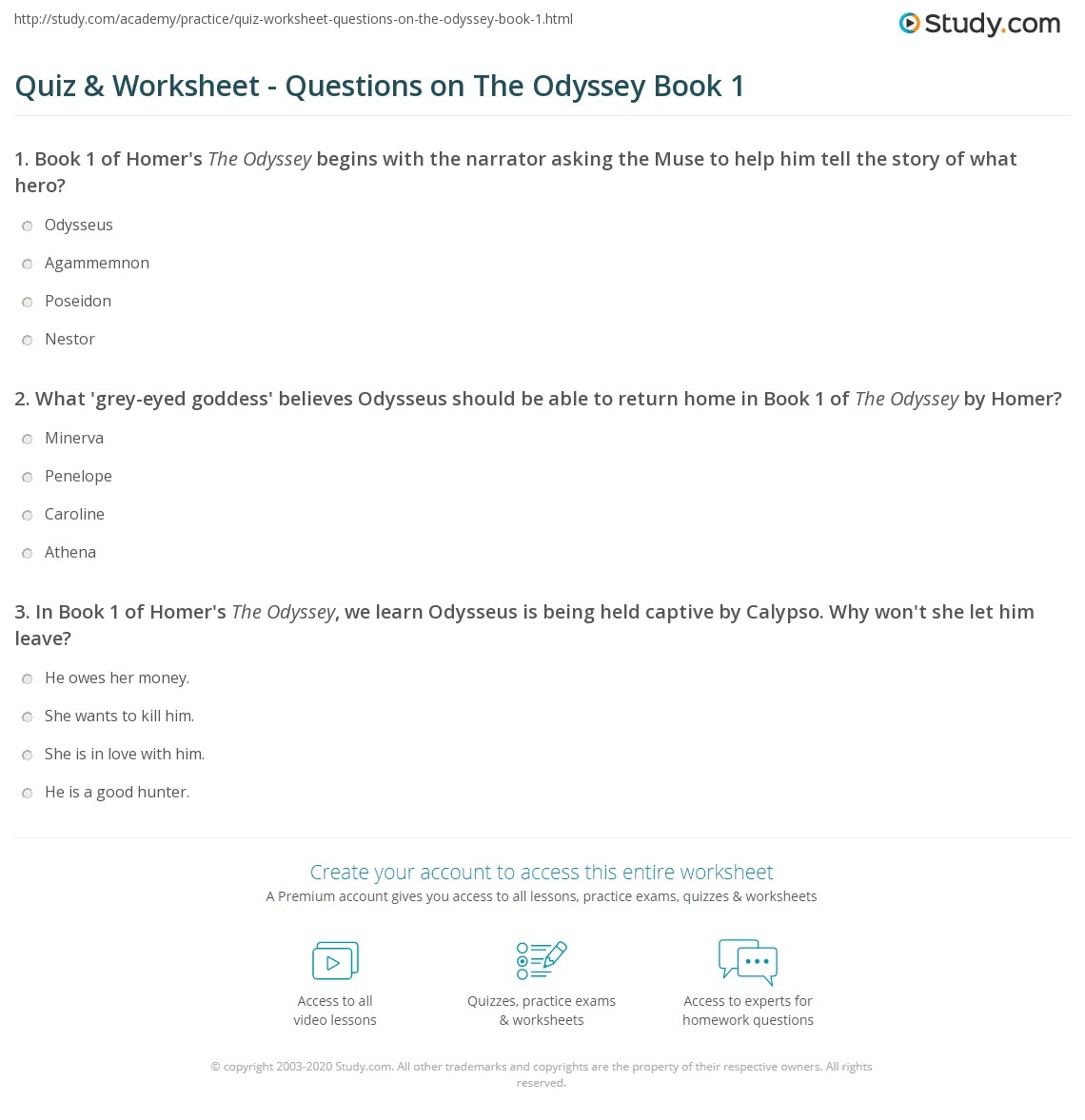Quiz Worksheet Questions On The Odyssey Book 1 Study
