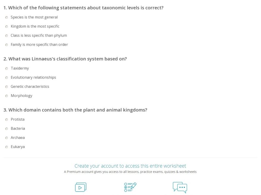 Quiz Worksheet Taxonomy Study