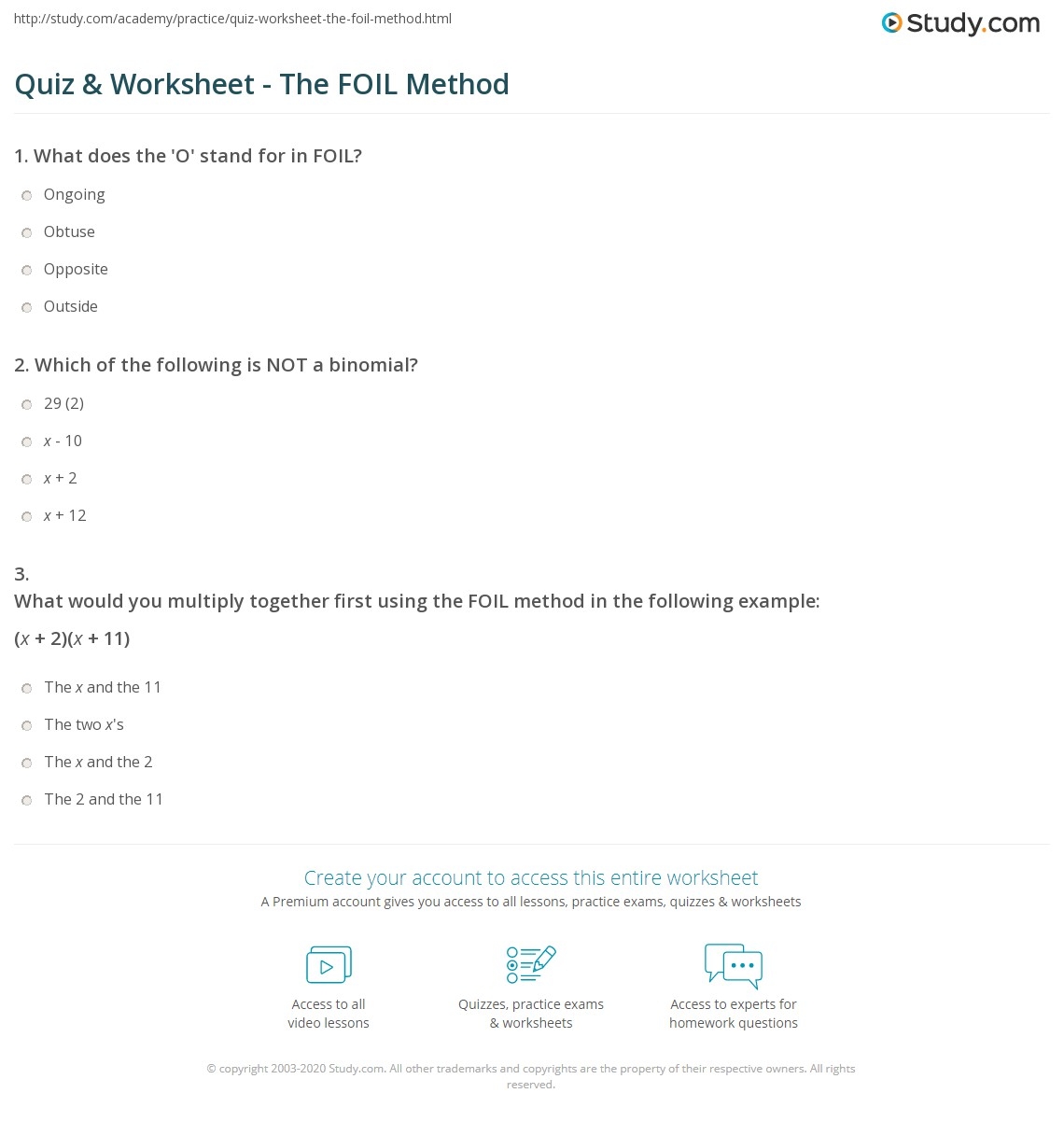 Quiz Worksheet The FOIL Method Study