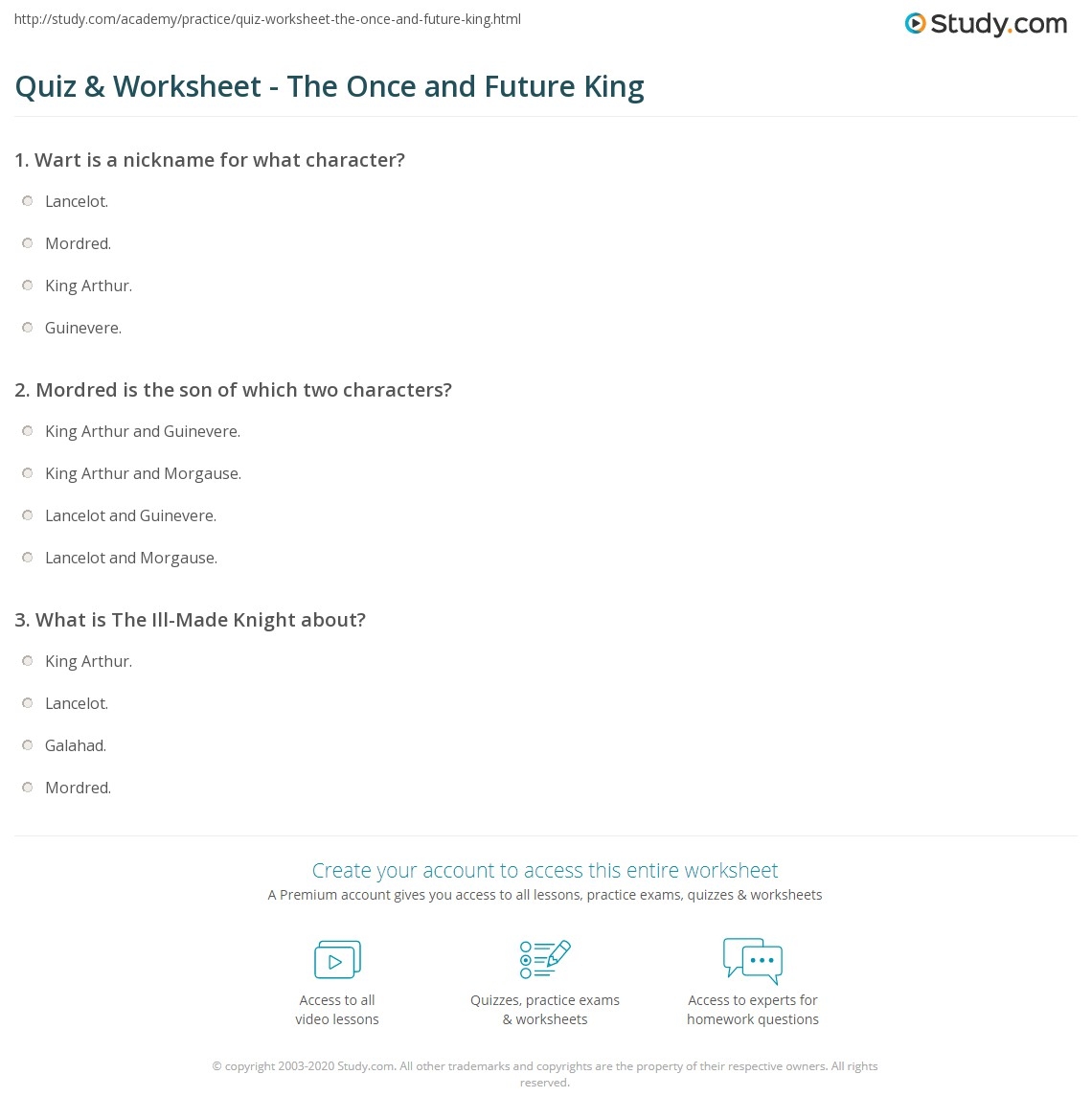 Quiz Worksheet The Once And Future King Study Quiz Worksheet The Once And Future King Study