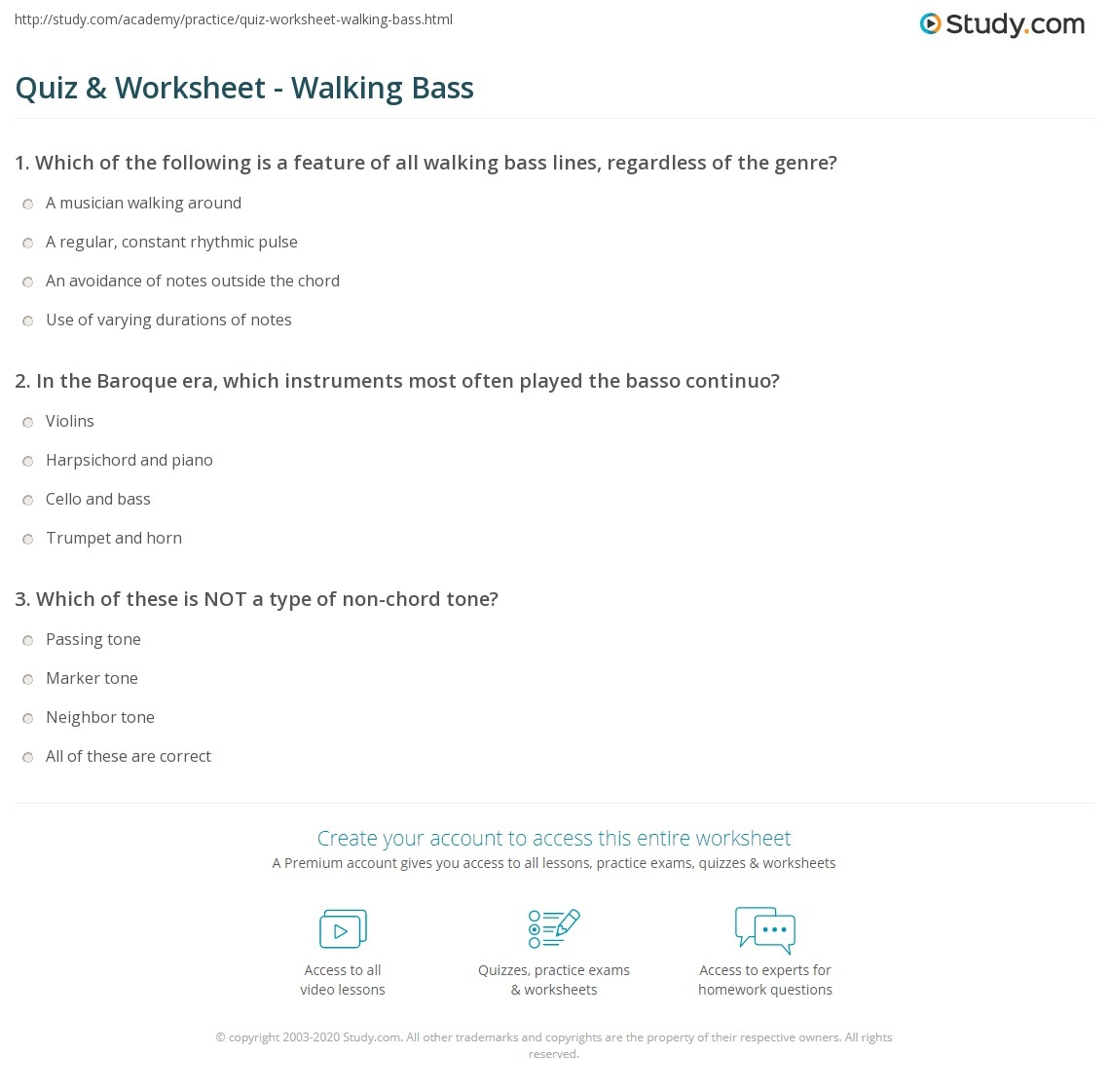Quiz Worksheet Walking Bass Study Quiz Worksheet Walking Bass Study