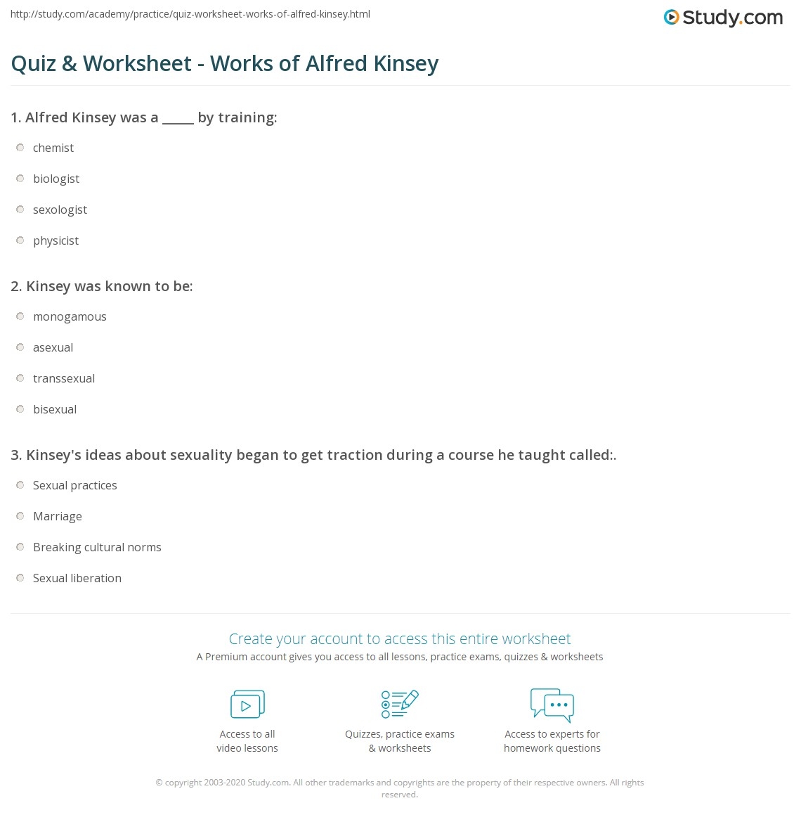 Quiz Worksheet Works Of Alfred Kinsey Study Quiz Worksheet Works Of Alfred Kinsey Study