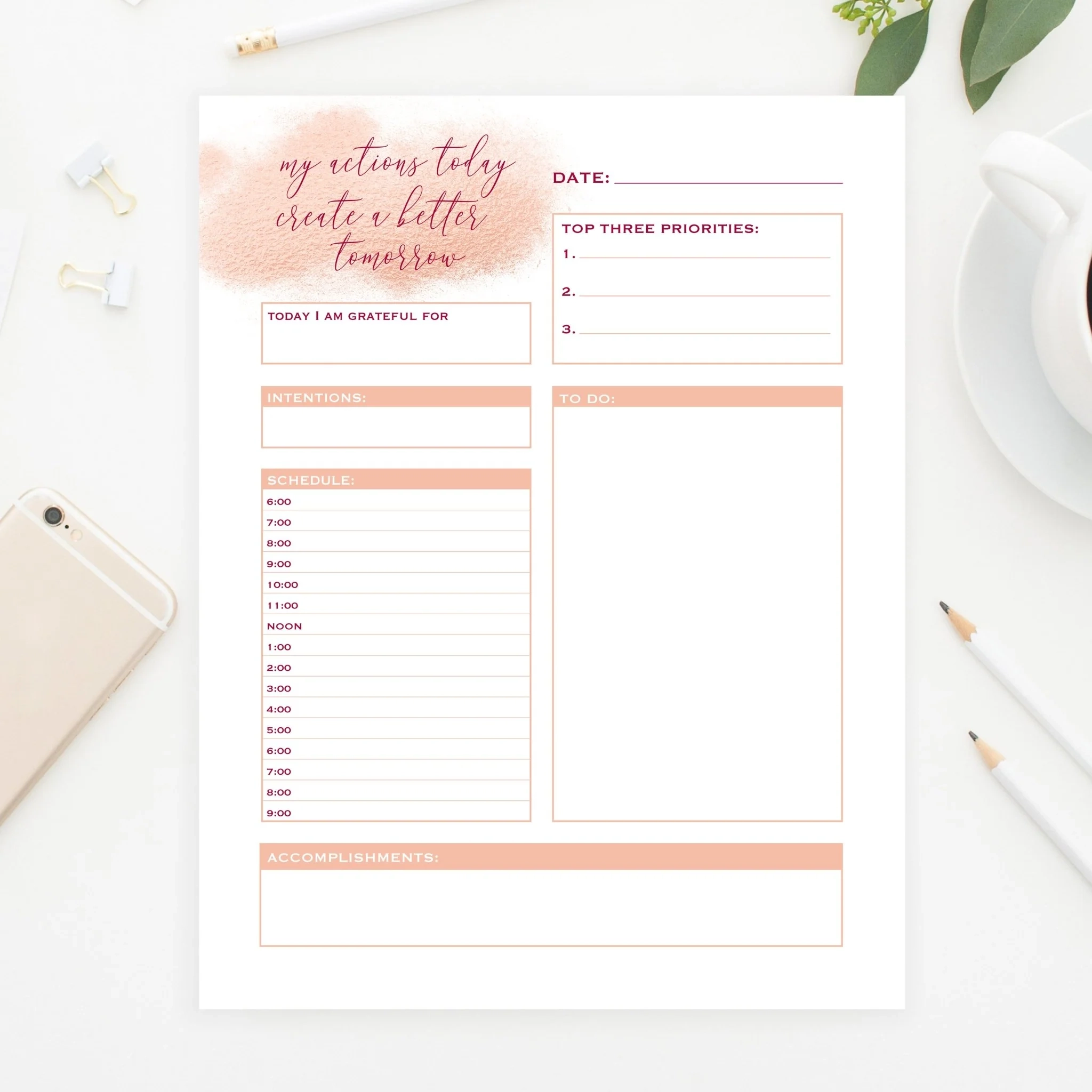 Rose Gold Daily Planner Printable Pretty Collected