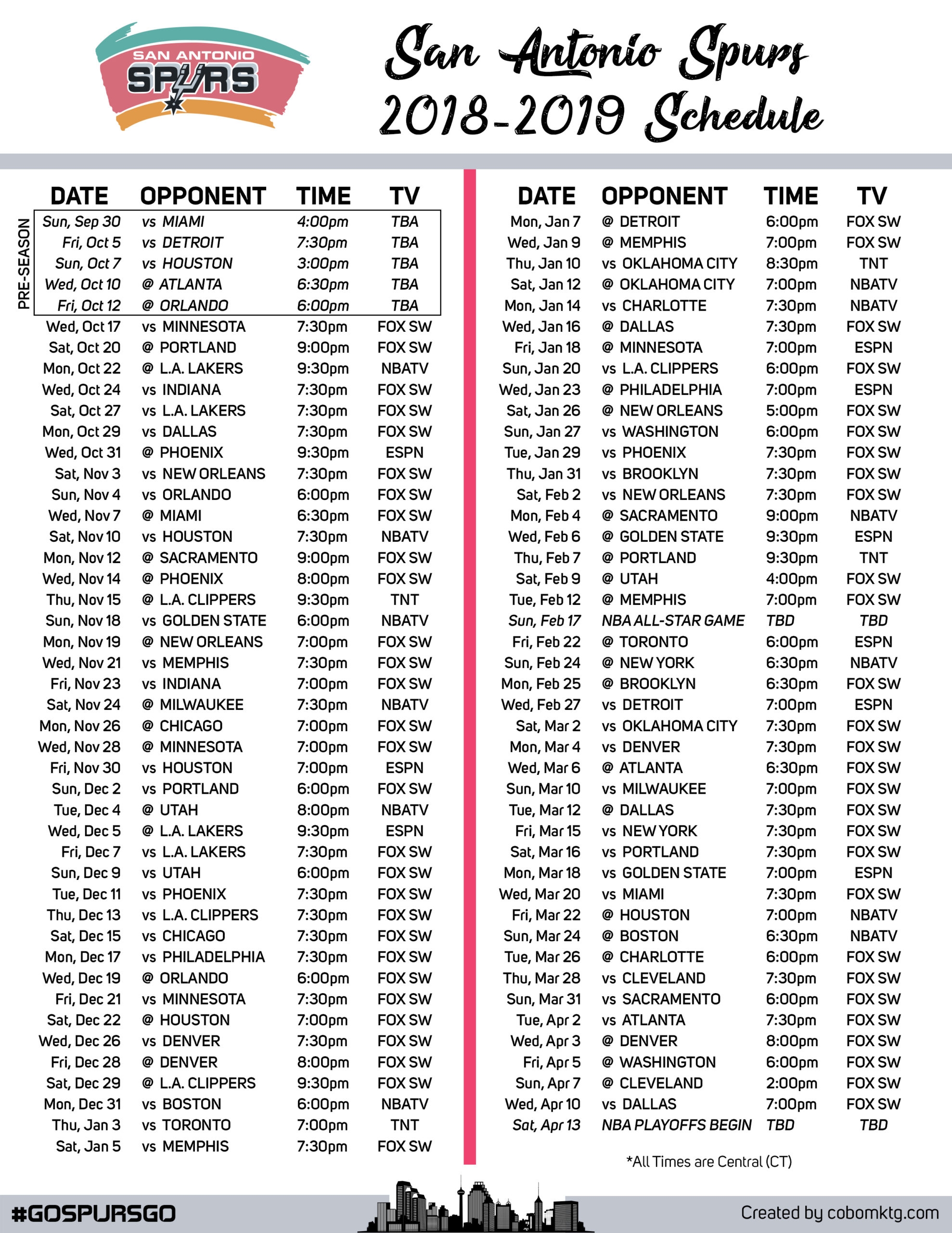 Printable In Color Spurs Schedule Printable In Color Spurs Schedule