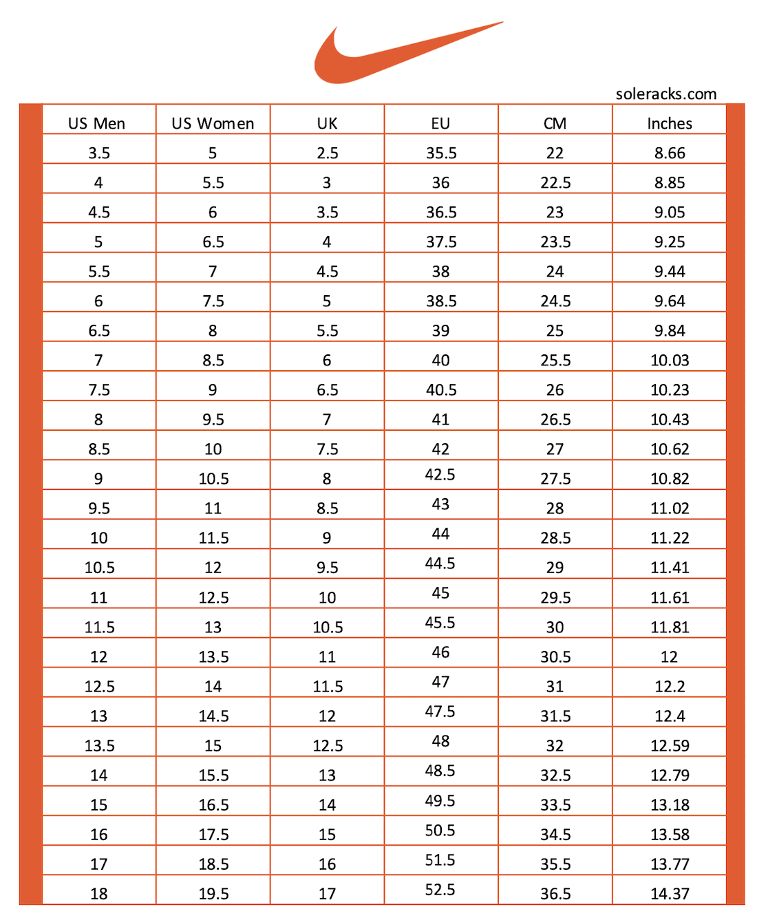 Nike Shoe Size Chart Printable Nike Shoe Size Chart Printable