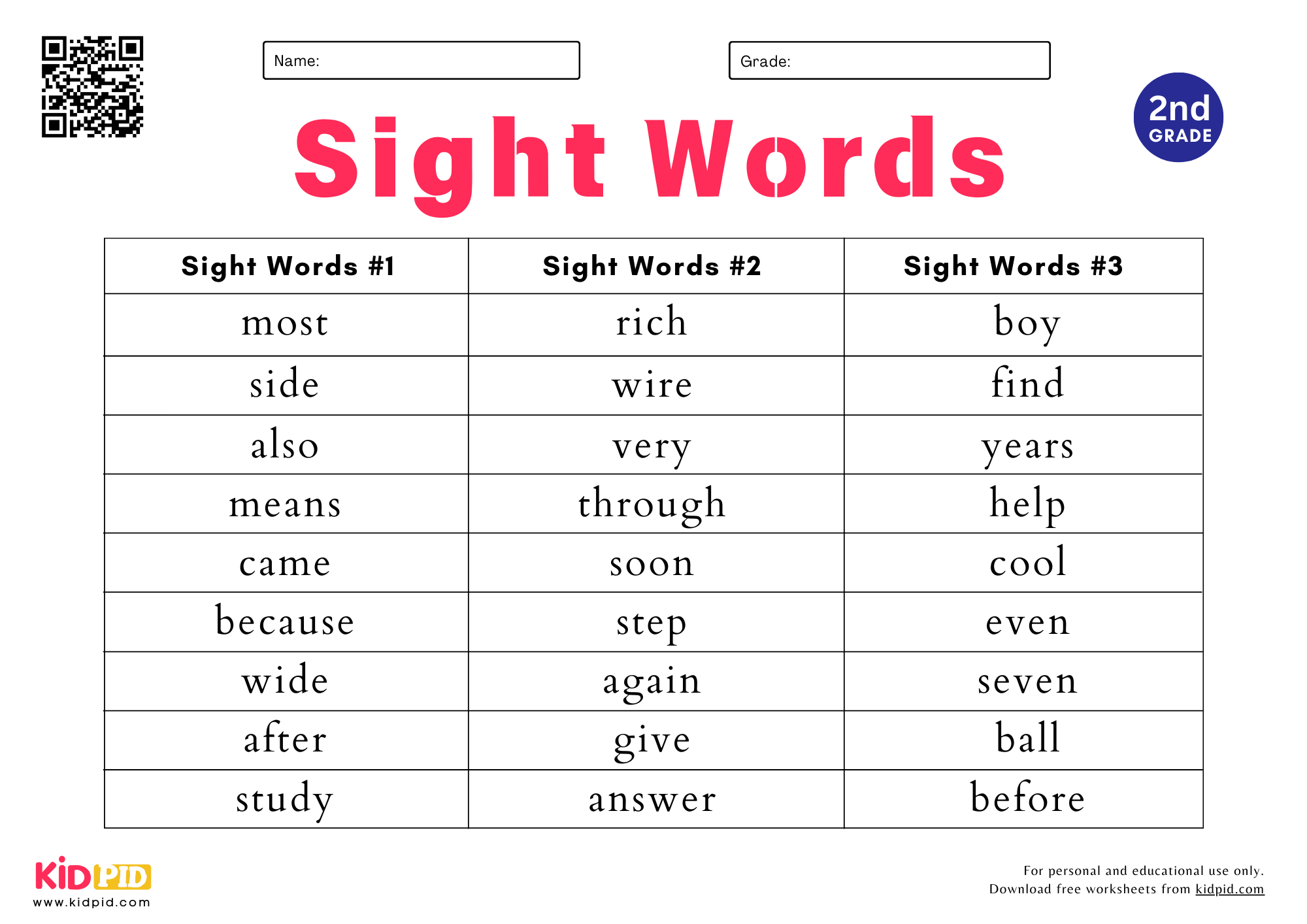 2nd Grade Spelling List Printable
