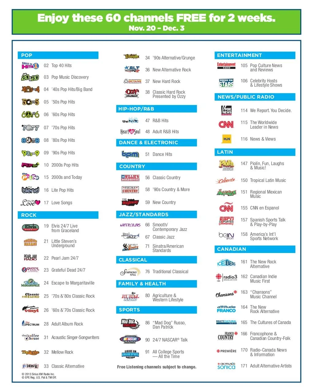 Sirius Satellite Radio Channel Guide Printable Printable Party Favors