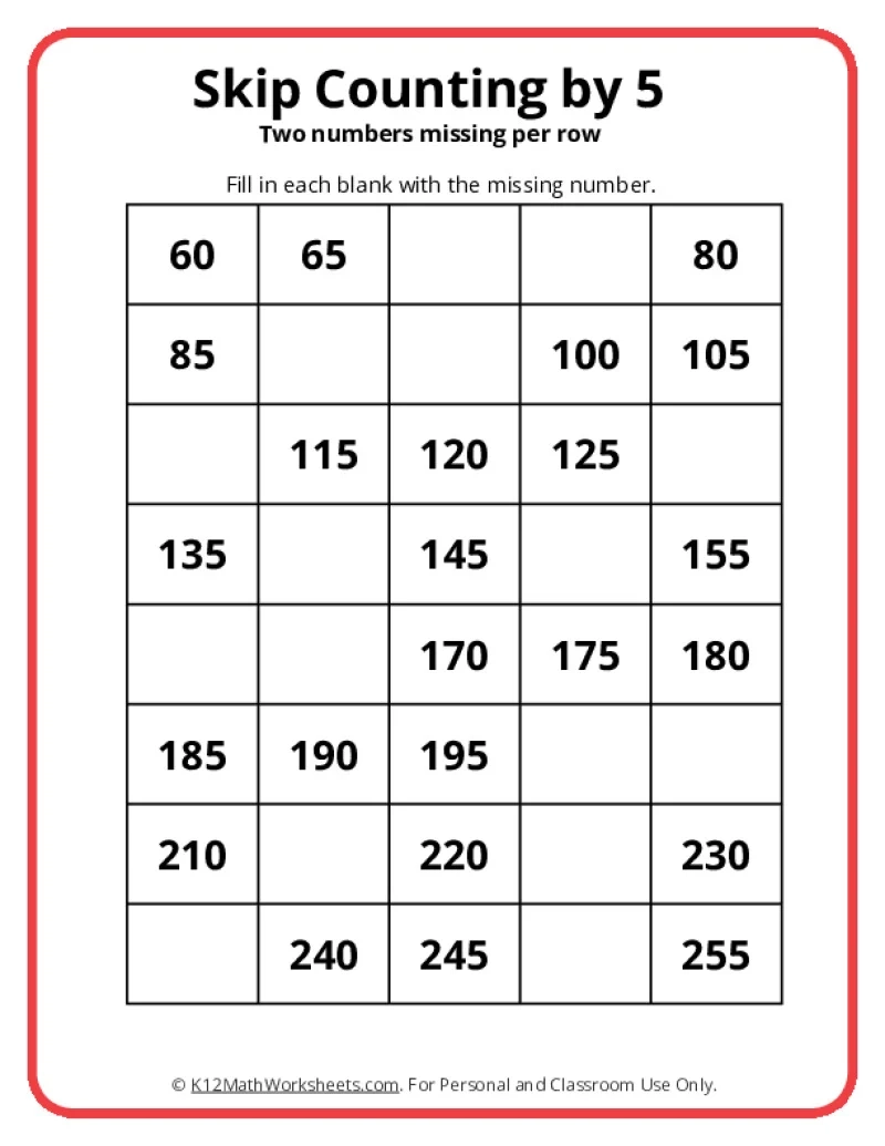 Count By 5s Printable Chart