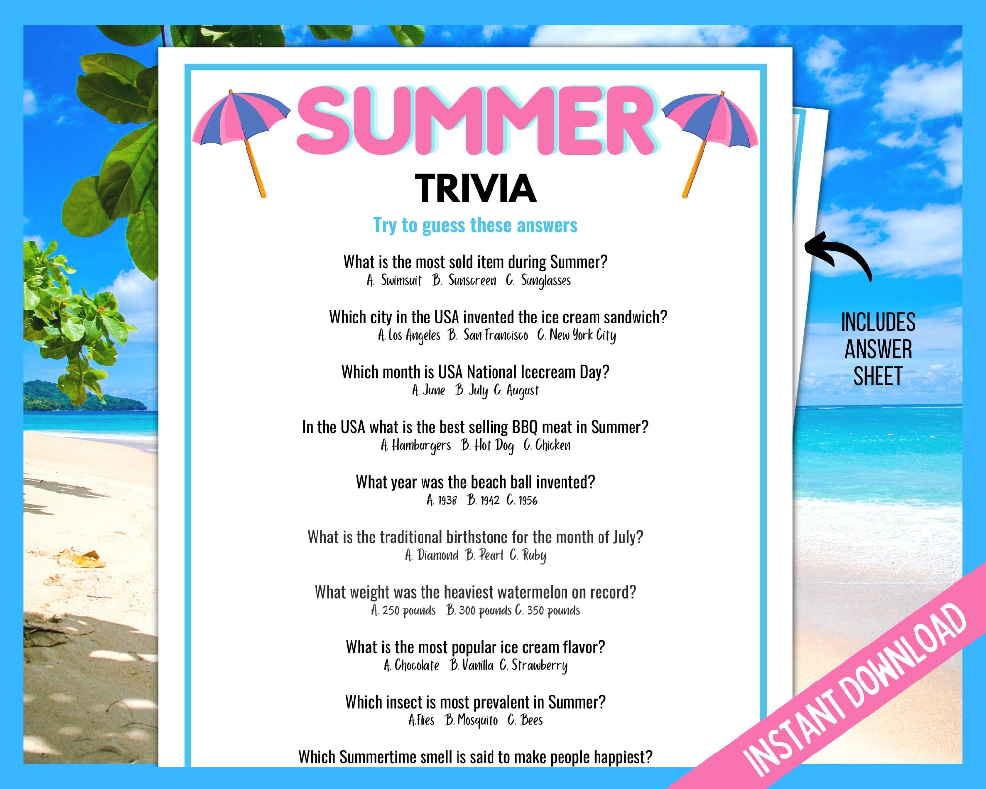 Summer Trivia Game Summer Trivia Quiz Summer Games Summer Printable Games Summer Party Games Summer Family Quiz Printable Etsy Canada