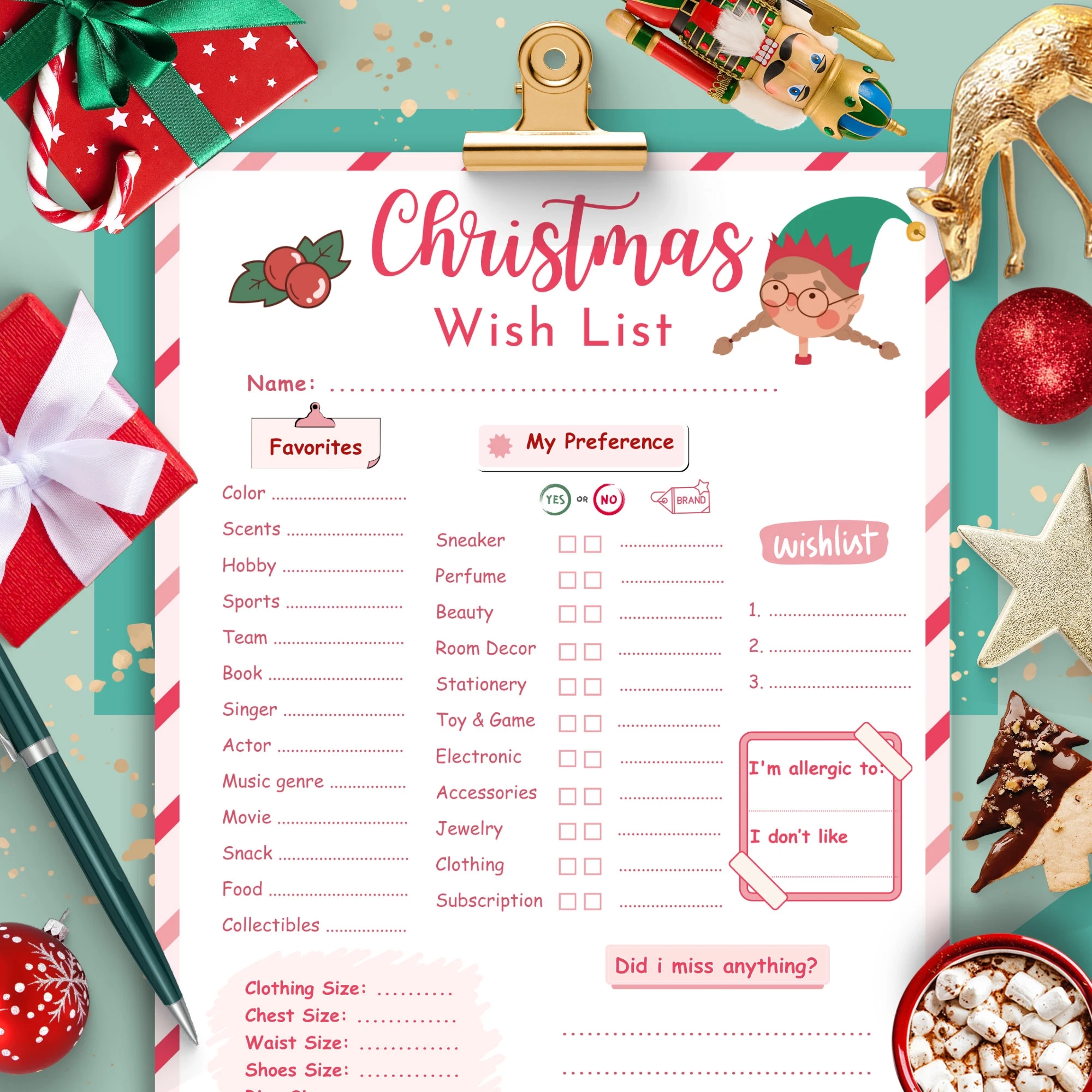 Teen Christmas Wish List Printable Christmas List Template Tween Girl Gift Wishlist Pink Letter To Santa Secret Santa Questionnaire Form Etsy