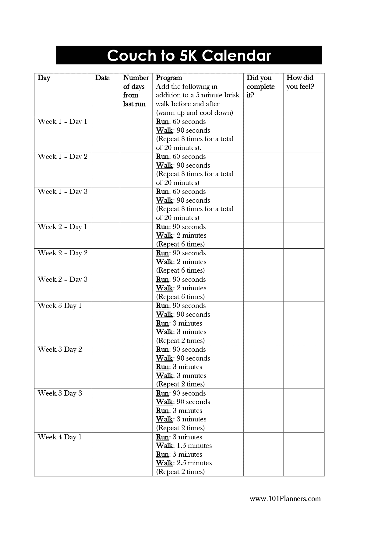 Couch 2 5k Printable Schedule Couch 2 5k Printable Schedule